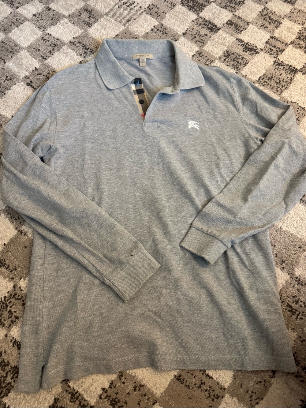Burberry Light Gray Long Sleeve Polo with Check Placket
